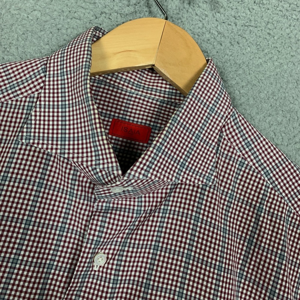 Isaia Napoli‎ Dress Shirt Mens 17.5-44 Red/Gray Gingham Long Sleeve Collared
